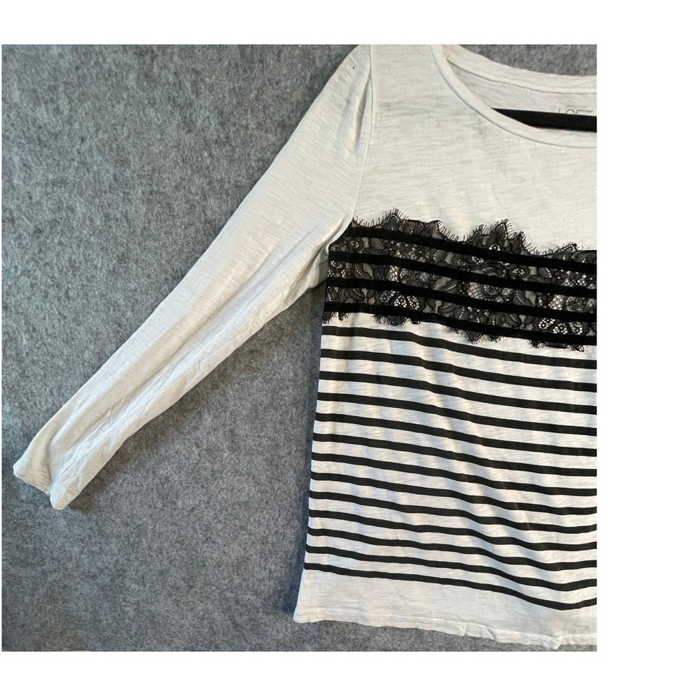 LOFT Womens Long Sleeve Striped Tee Black White Lace Trim Slub Knit Top Small - Picture 13 of 14